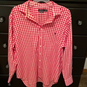Red and white polo button up for men. Worn twice. Excellent condition.